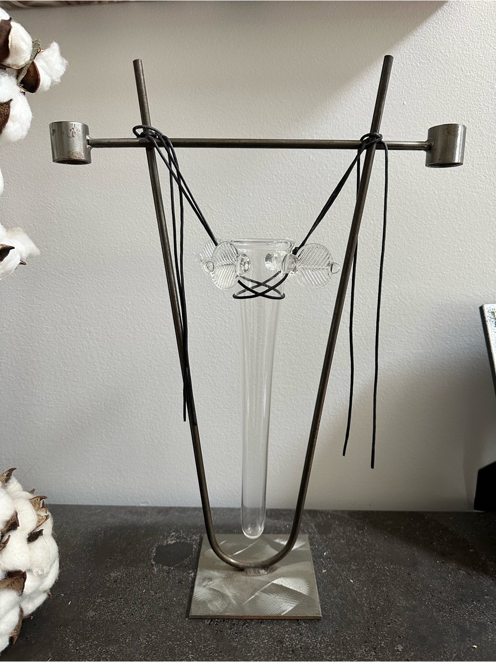 Bud Vase on Metal Stand with Black Leather Cord